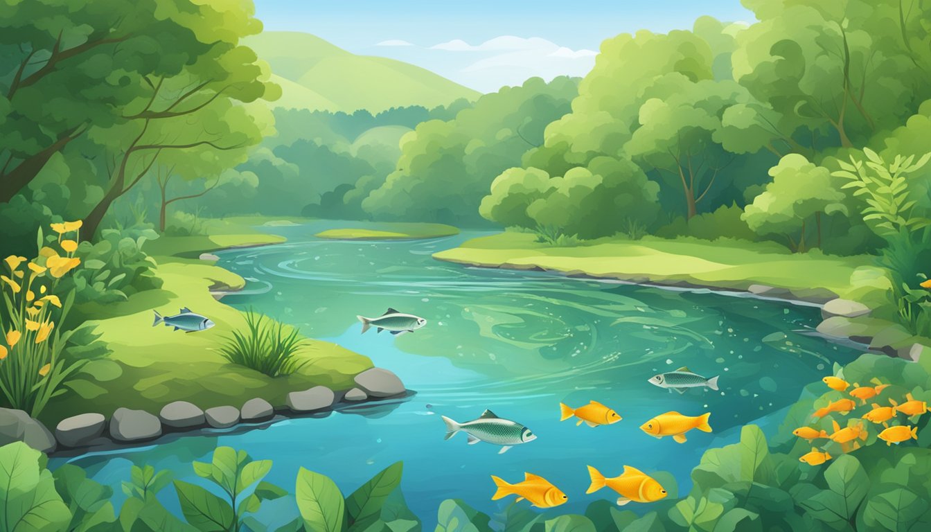 A serene river with a variety of fish swimming in clear water, surrounded by lush greenery and a sign promoting conservation and sustainability