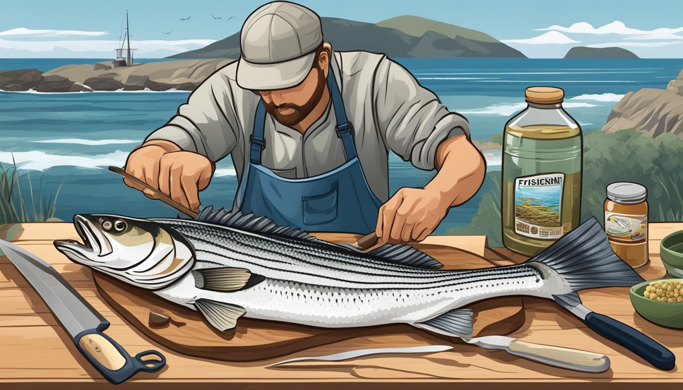 A fisherman cleans and cooks a striped bass on a wooden cutting board with a fillet knife and seasoning, surrounded by fishing gear and a coastal backdrop