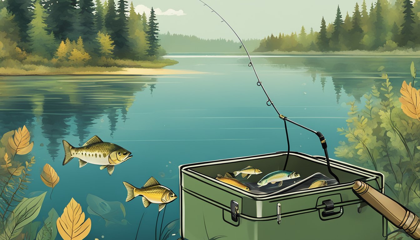 A serene Minnesota lake with a fishing rod, tackle box, and a variety of fish swimming in the clear water