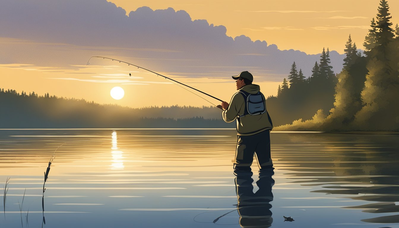 A person fishing on a peaceful Minnesota lake, reeling in a large, silvery walleye. The sun is setting, casting a warm glow over the water