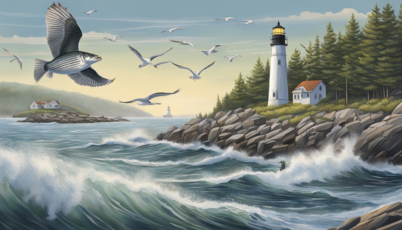 A fisherman reeling in a striped bass from a rocky Maine coastline, with seagulls circling overhead and a lighthouse in the distance