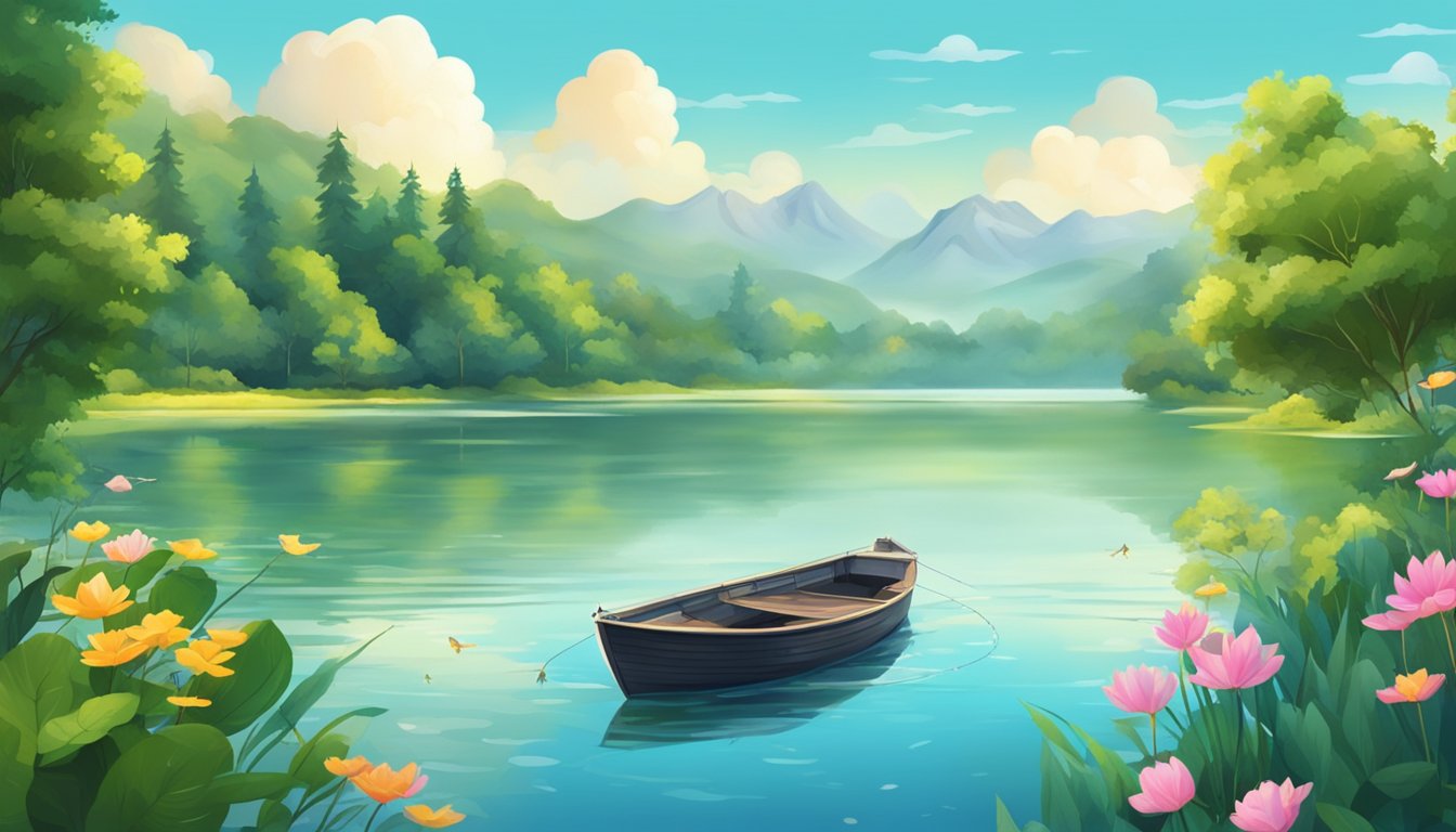 A serene lake surrounded by lush greenery, with a fishing boat anchored in the calm waters. A variety of fish jump and swim in the clear, sparkling lake