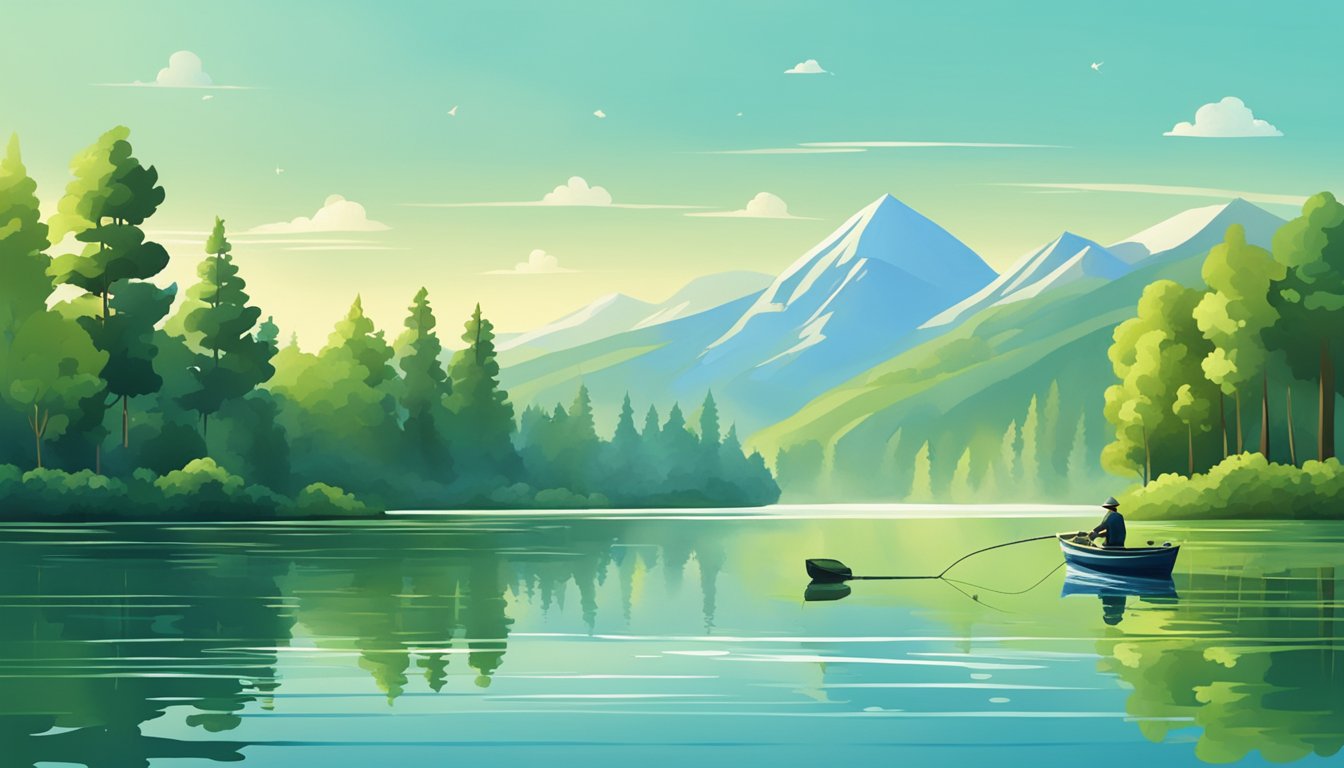 A serene lake with a lone fishing boat, surrounded by lush green trees and a clear blue sky. A fisherman casts a line with bait into the water