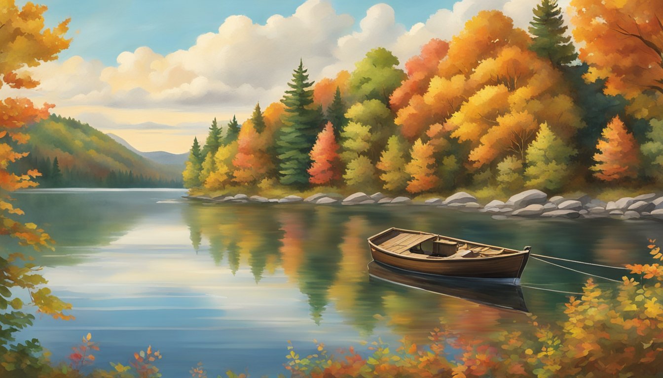 A serene lake with a lone fishing boat, surrounded by lush greenery and colorful autumn foliage. A fisherman casts a line into the water, capturing the essence of Maine's seasonal bounty