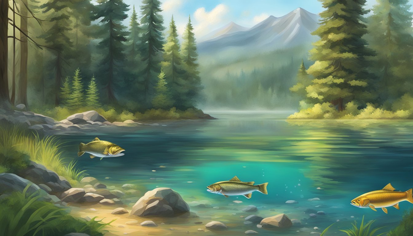 A serene mountain lake with various fish species swimming in clear water, including trout and walleye, surrounded by lush greenery and towering pine trees