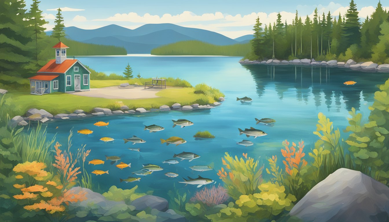 A serene lake in Maine with a variety of fish swimming in clear, clean water. Surrounding the lake are signs and posters promoting fishing regulations and conservation efforts