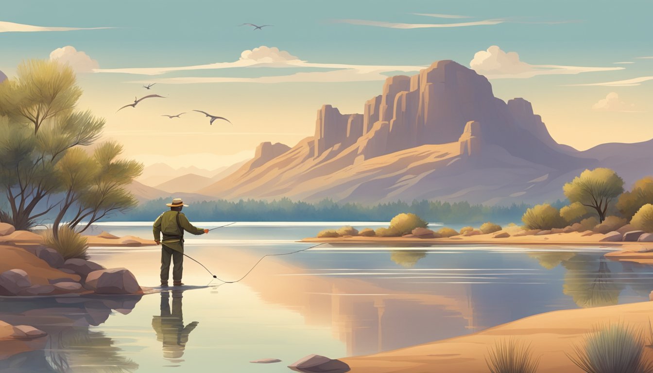 A serene lake surrounded by desert landscape, with a lone fisherman casting his line into the water, hoping to catch a delicious trout or bass