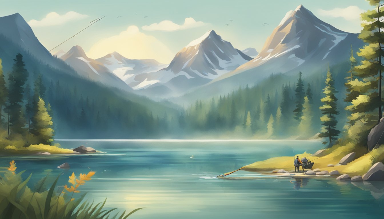 A serene lake surrounded by mountains, with a fishing rod, tackle box, and various types of fish swimming in the clear water