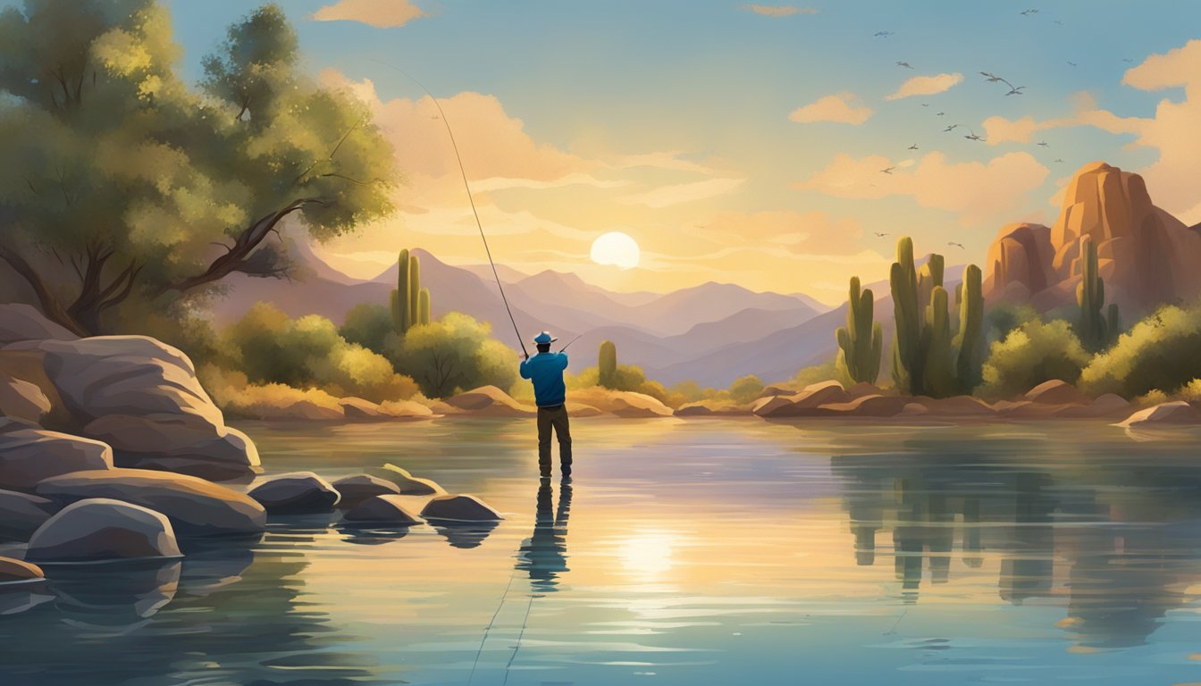 A person fishing in a serene Arizona lake, with a variety of fish jumping out of the water