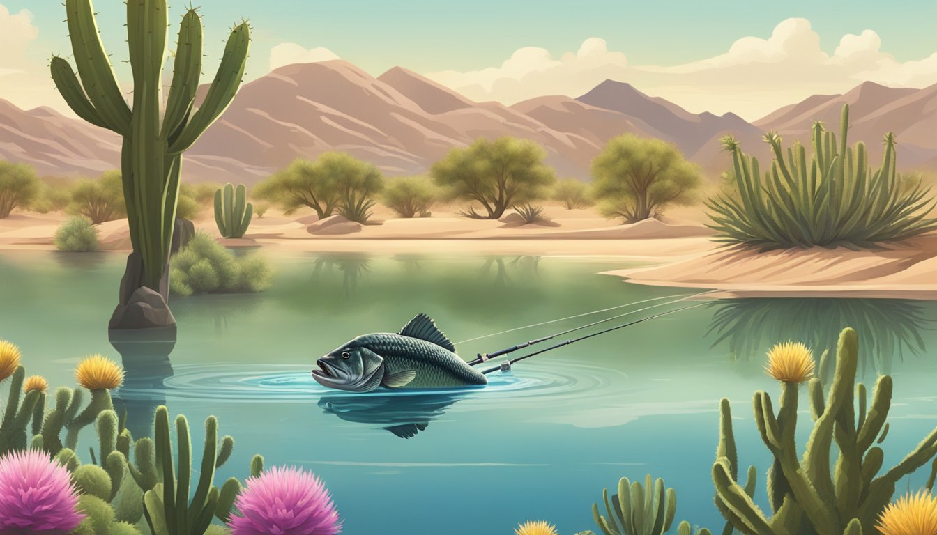 A serene desert lake with a lone fishing rod, surrounded by cacti and mesquite trees. A large-mouth bass jumps out of the water, drawn to the bait