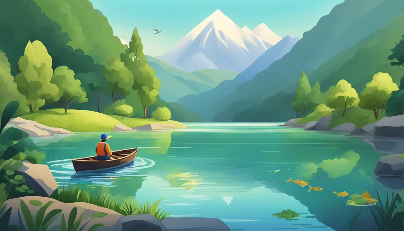 A serene river with a guide and a small boat, surrounded by mountains and lush greenery, with fish jumping out of the water