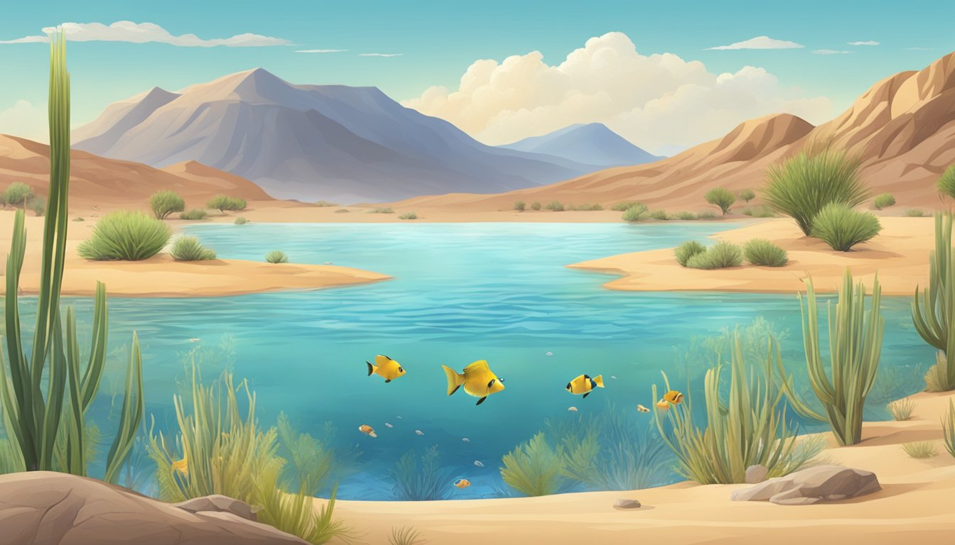 A serene lake surrounded by desert landscape with a variety of fish species swimming in clear water