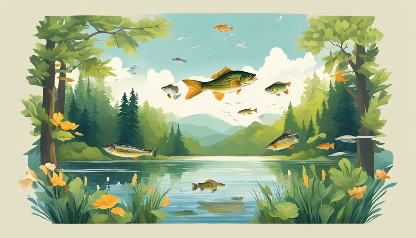 A serene lake surrounded by lush forests, with a variety of fish jumping out of the water, including bass, trout, and walleye