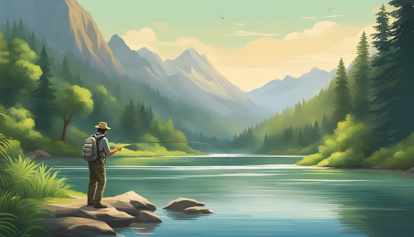 A serene riverbank with a fly fisherman casting into the water, surrounded by towering mountains and lush greenery