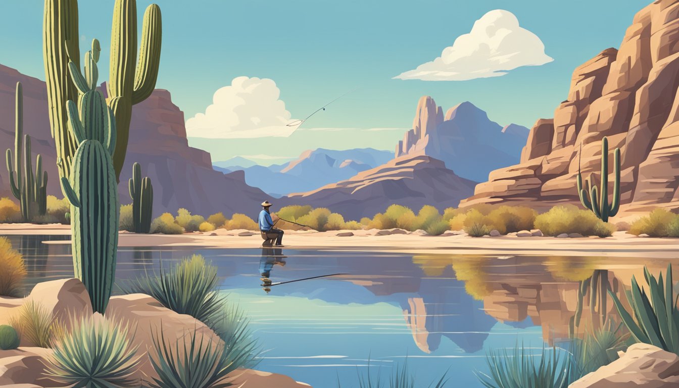 A person fishing at a serene Arizona lake, surrounded by rocky desert landscape and cacti, with a clear blue sky overhead