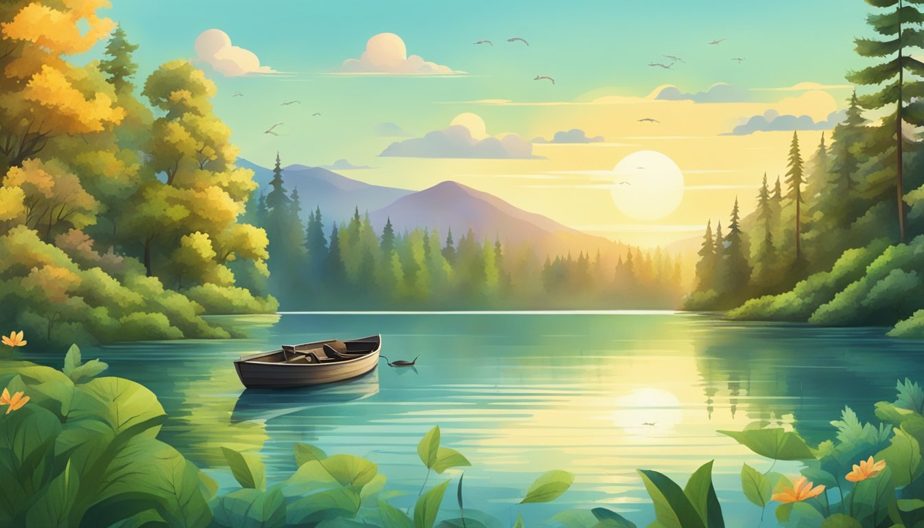 A serene lake surrounded by lush forests, with a fishing boat floating on the water and a variety of fish jumping out of the lake