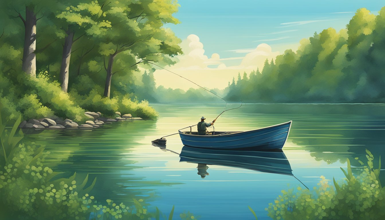 A serene lake with a lone fishing boat, surrounded by lush greenery and a clear blue sky. A fisherman casts a line into the water, using various bait and techniques to catch the best fish in Michigan