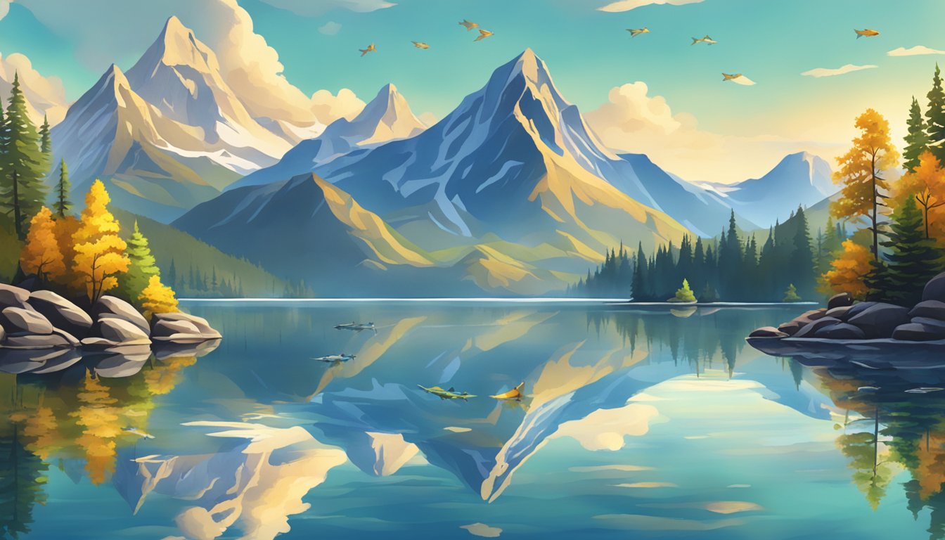 A serene mountain lake with a variety of fish swimming in clear, cold water