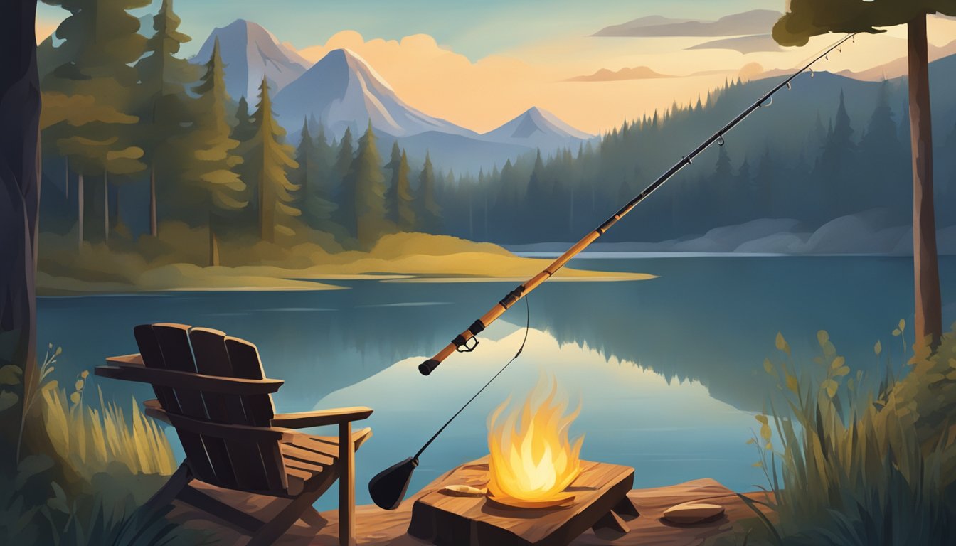 A serene lake with a fishing rod and a freshly caught bass on a cutting board next to a campfire