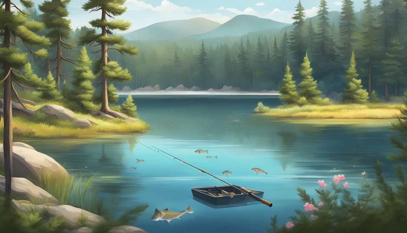 A serene lake surrounded by pine trees, with a fishing rod and a variety of fish swimming in the clear water