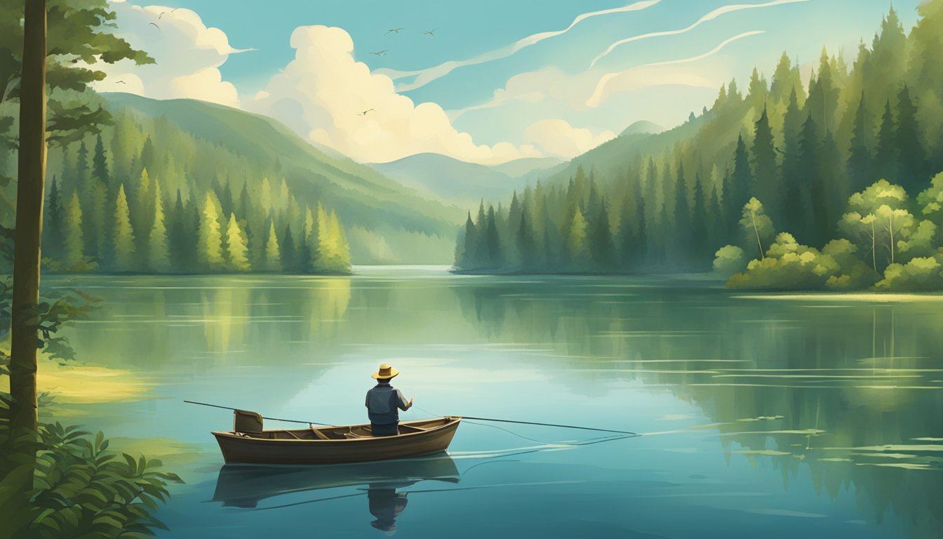 A serene lake surrounded by lush forests, with a fishing boat in the calm waters and a fisherman casting his line towards the shore