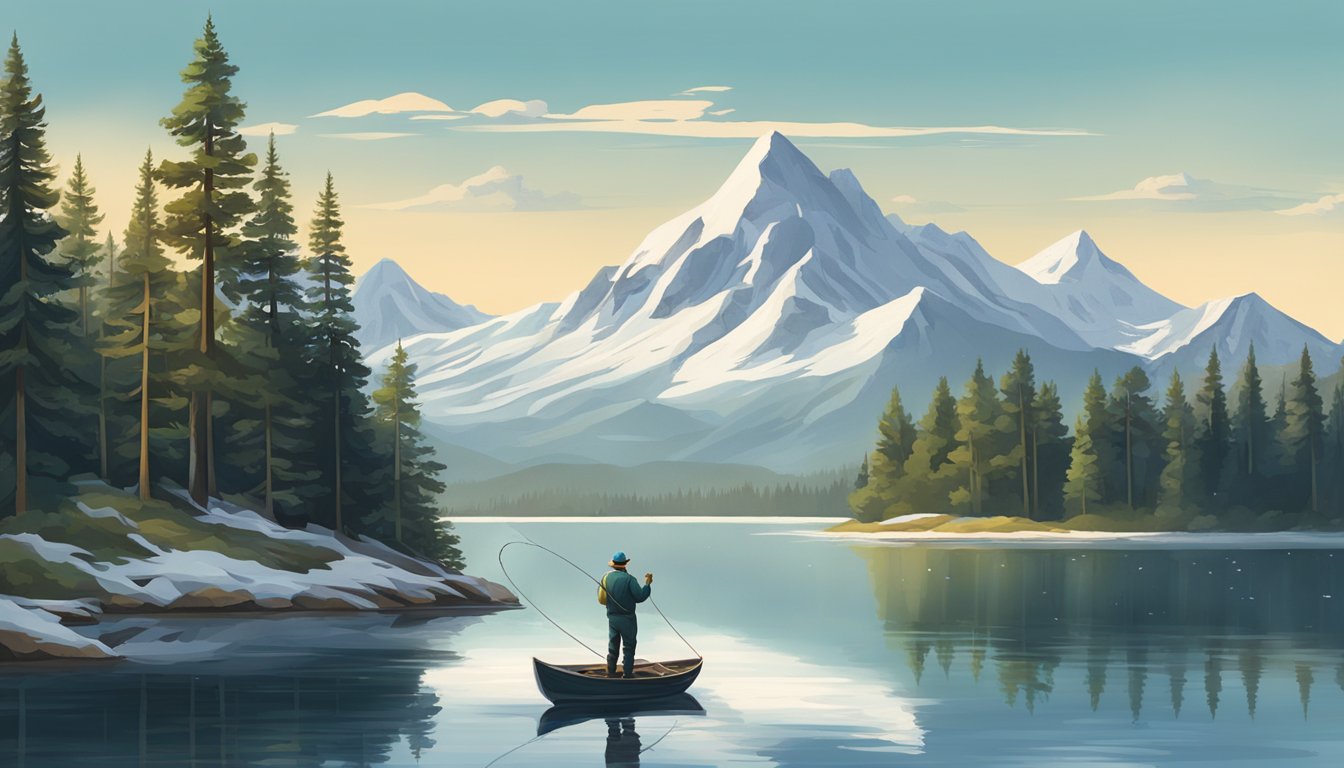 A serene mountain lake with a fisherman casting a line, surrounded by pine trees and snow-capped peaks