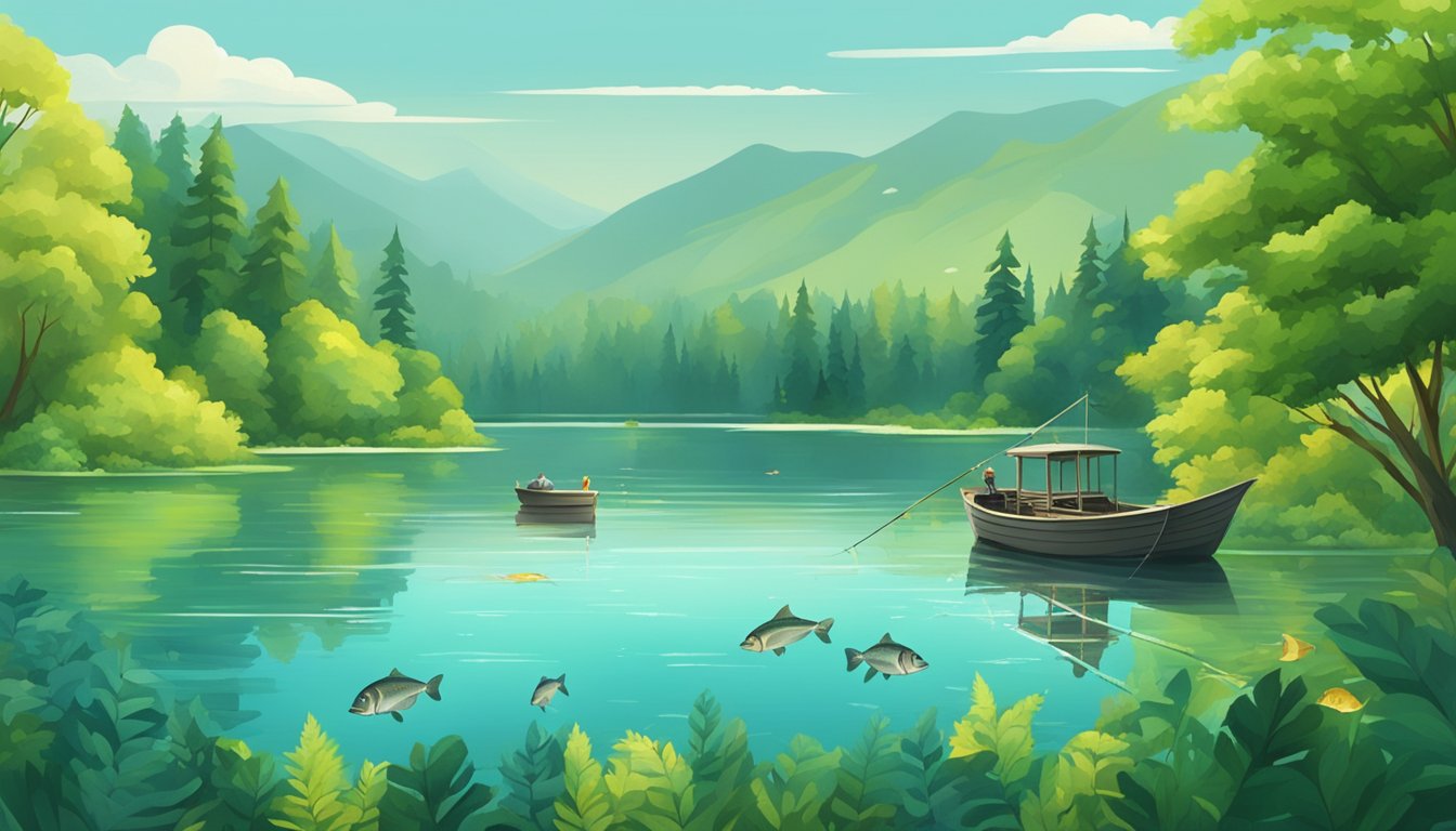 A serene lake surrounded by lush green trees, with a fishing boat and a variety of fish jumping out of the water