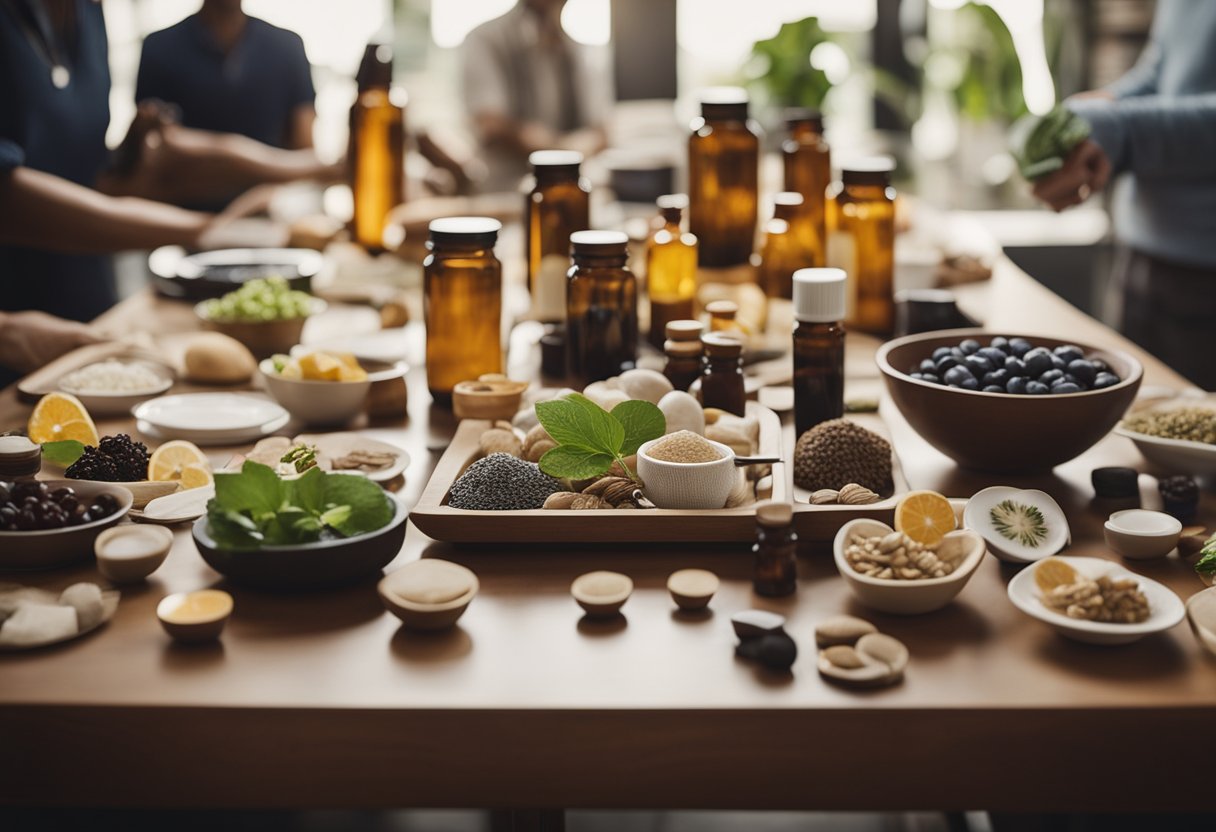 A table with various health and wellness items displayed, surrounded by curious customers asking questions to a knowledgeable staff member