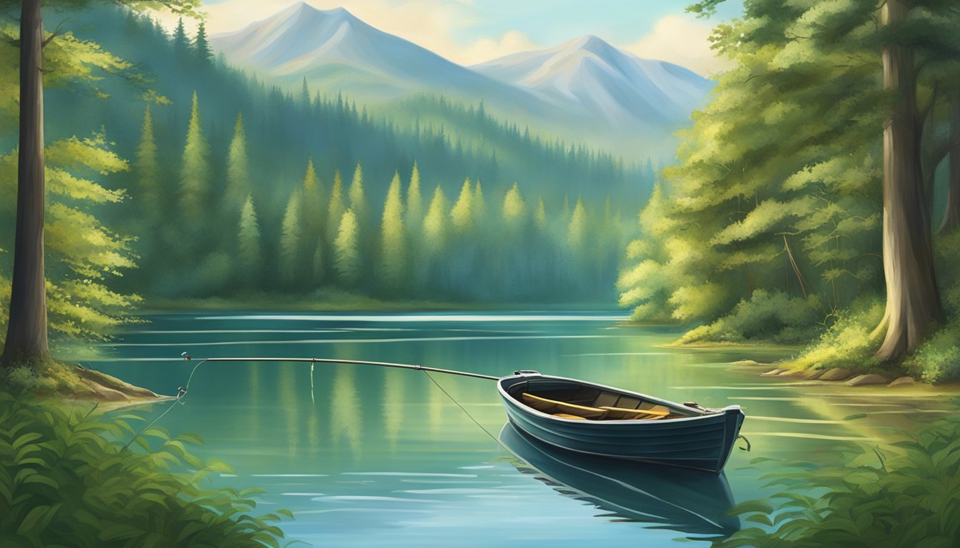 A serene lake surrounded by lush forests, with a fishing boat and guide casting lines for trout and bass in the clear water