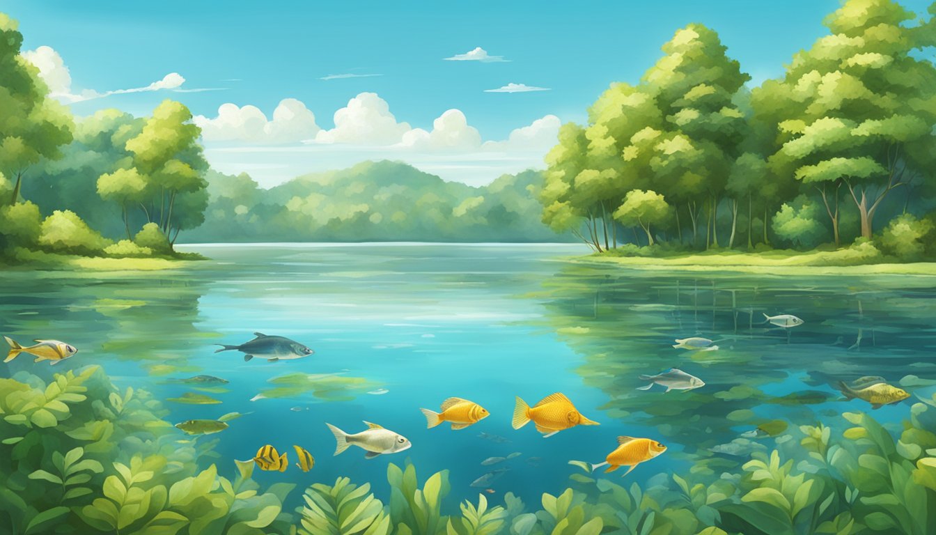 A serene lake with a variety of fish species swimming in clear water, surrounded by lush green trees and a blue sky overhead