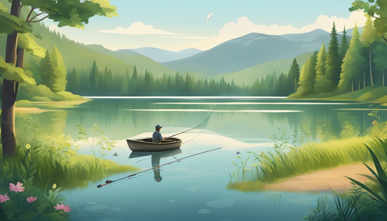 A serene lake surrounded by lush green forests, with a fishing rod and a freshly caught trout lying on the shore