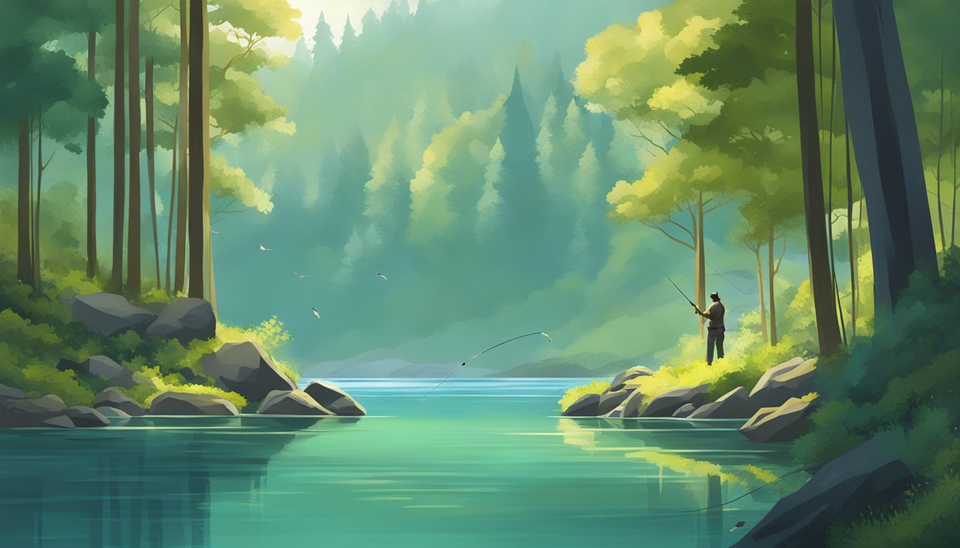 A serene lake surrounded by lush forests, with a fisherman casting a line into the crystal-clear water