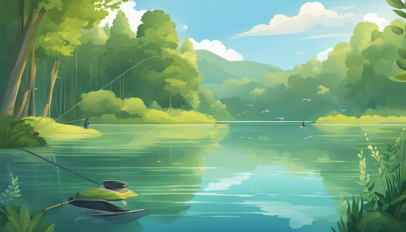 A serene lake surrounded by lush greenery, with a fishing rod casting into the water. A variety of fish species swim beneath the surface