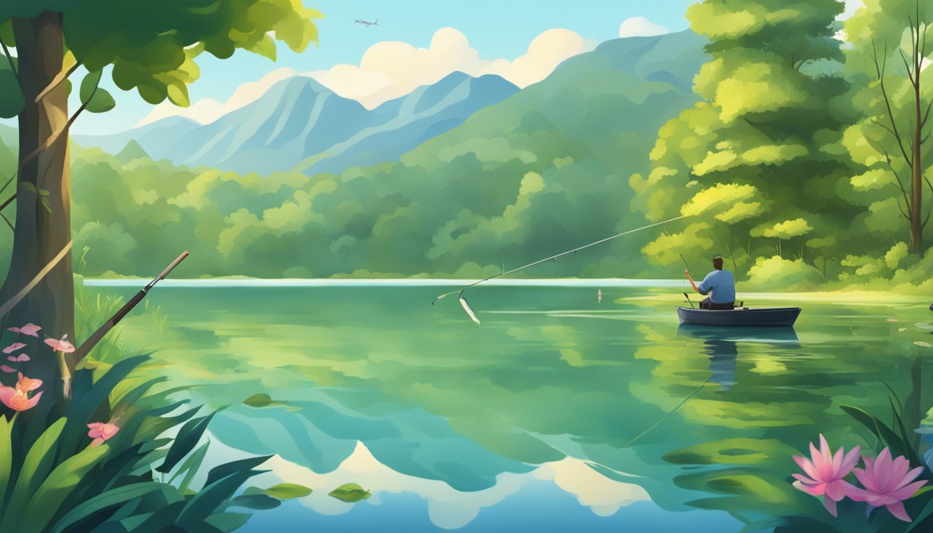 A serene lake surrounded by lush greenery, with a fishing rod and a variety of fish swimming in the clear water