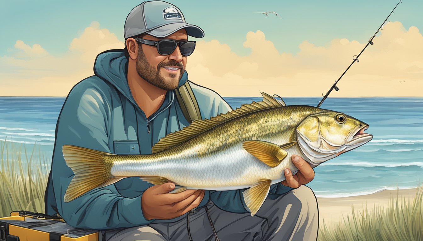 A fisherman holding a freshly caught snapper, surrounded by a tackle box, fishing rod, and the calm waters of a Florida coastline