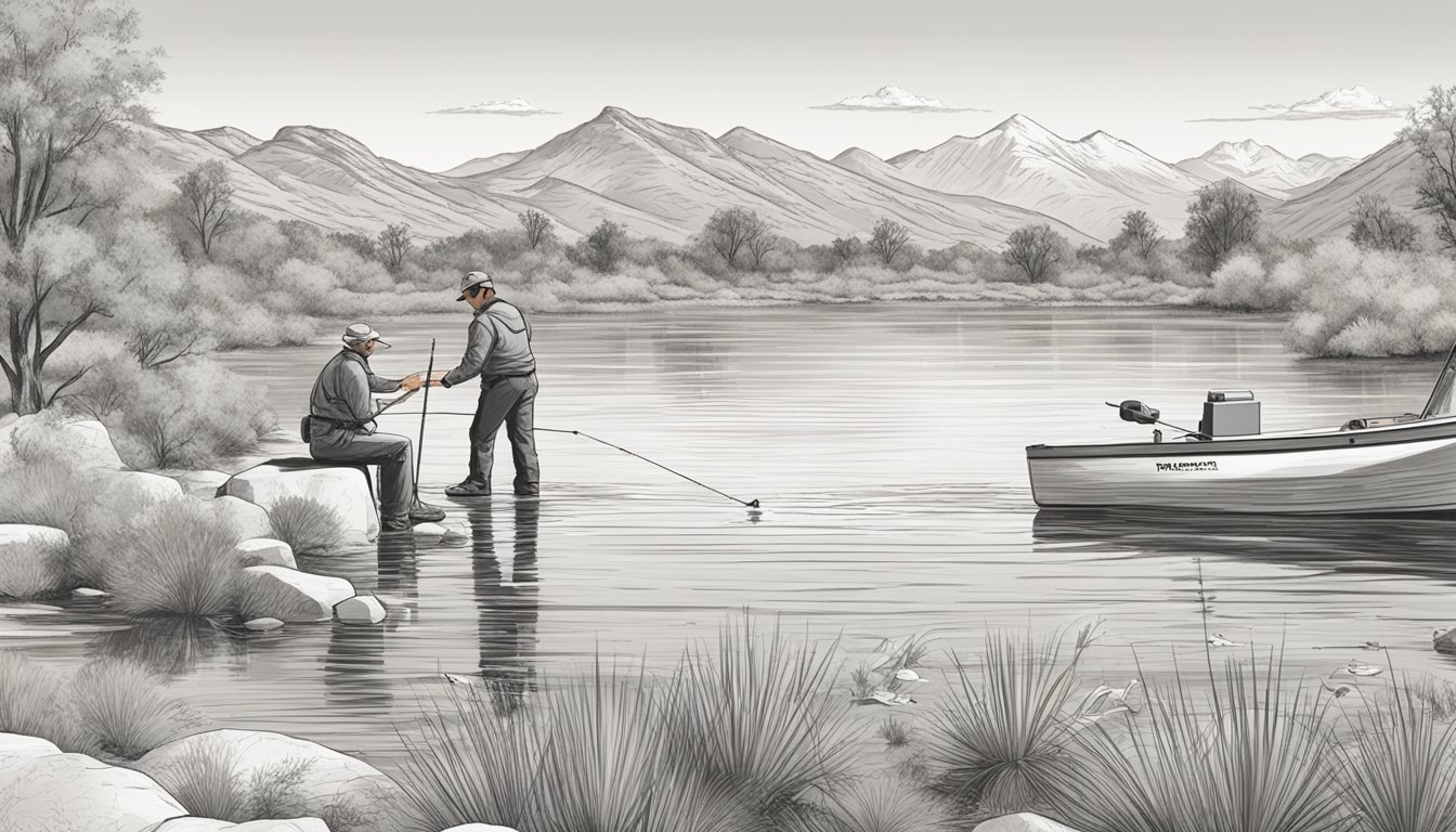 A person filling out a form at a government office to obtain a freshwater fishing license in Arizona