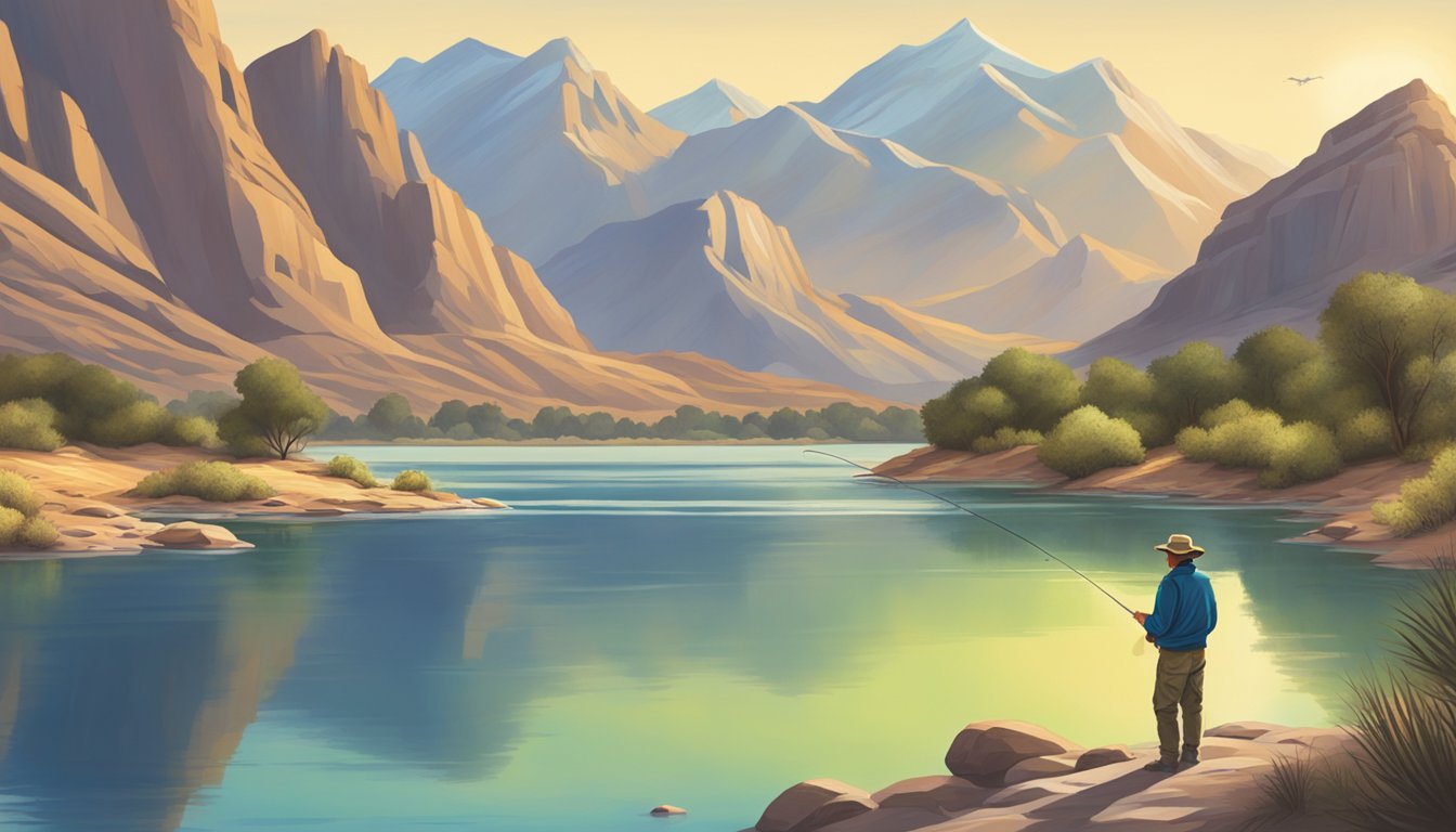 A serene lake surrounded by desert mountains, with a fisherman casting a line into the clear water, hoping to catch a rainbow trout or largemouth bass