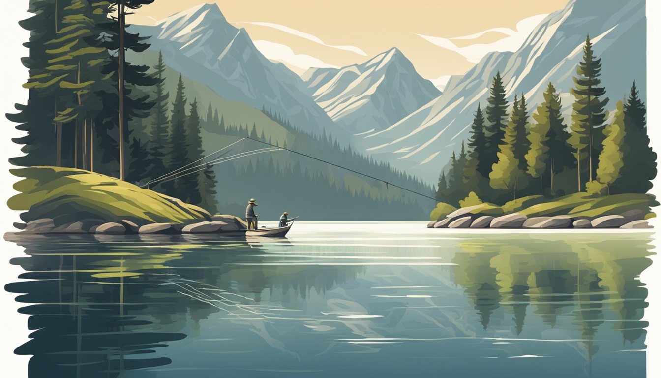 A serene lake surrounded by mountains, with a fisherman casting a line into the water, hoping to catch a trout or bass for dinner