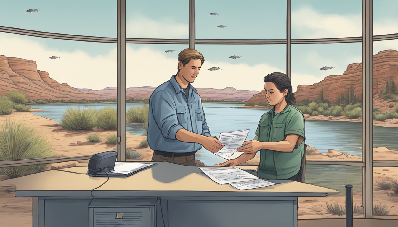 A person filling out a form at a government office, handing over payment, and receiving a freshwater fishing license in Arizona