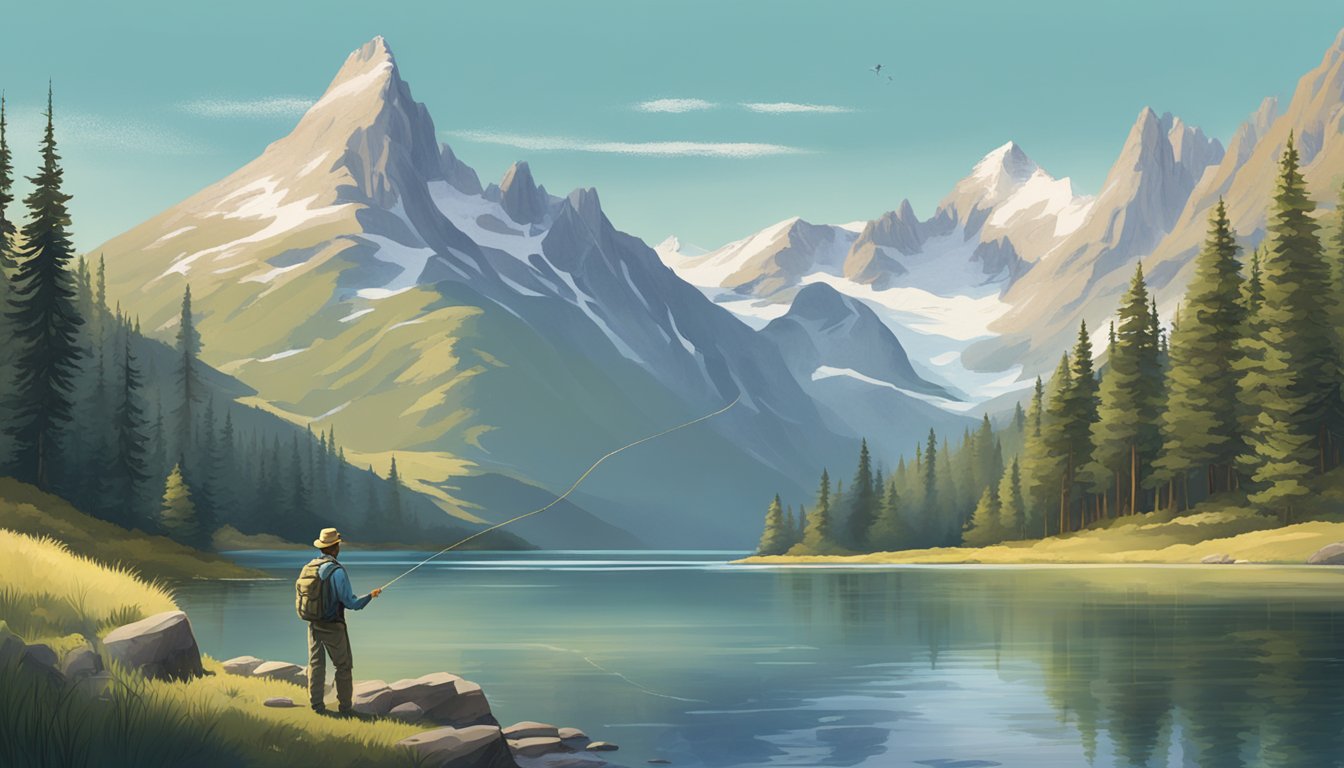 A serene lake surrounded by rugged mountains with a fisherman casting a line into the water, hoping to catch a trophy-sized trout