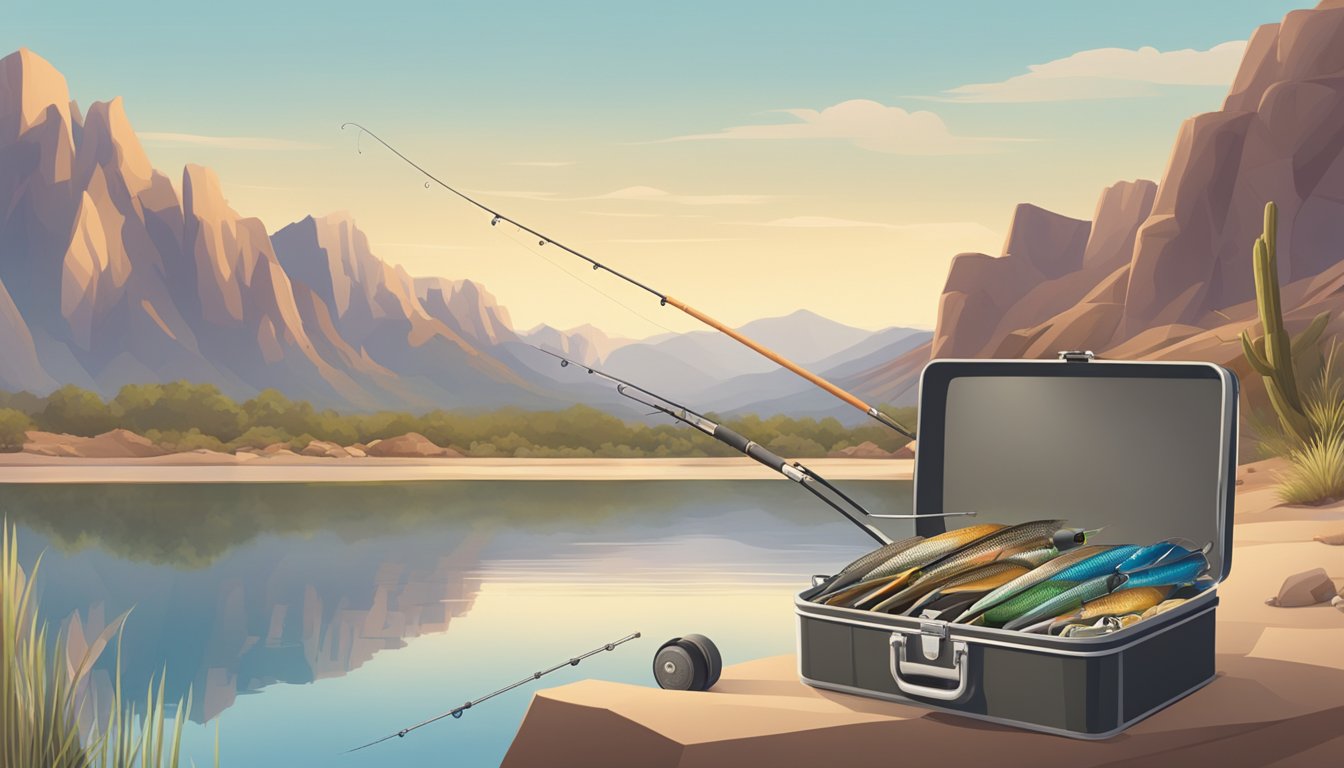 A fishing rod, tackle box, and bait by a calm lake with desert mountains in the background