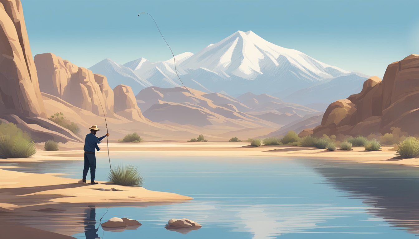 A serene lake surrounded by desert landscape, with a lone fisherman casting a line into the water. The clear blue sky and distant mountains complete the tranquil setting