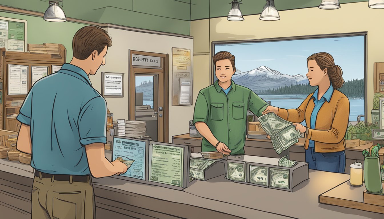 A person standing at a counter, handing money to a cashier, with a sign displaying "Freshwater Fishing License" in a Colorado Department of Wildlife office