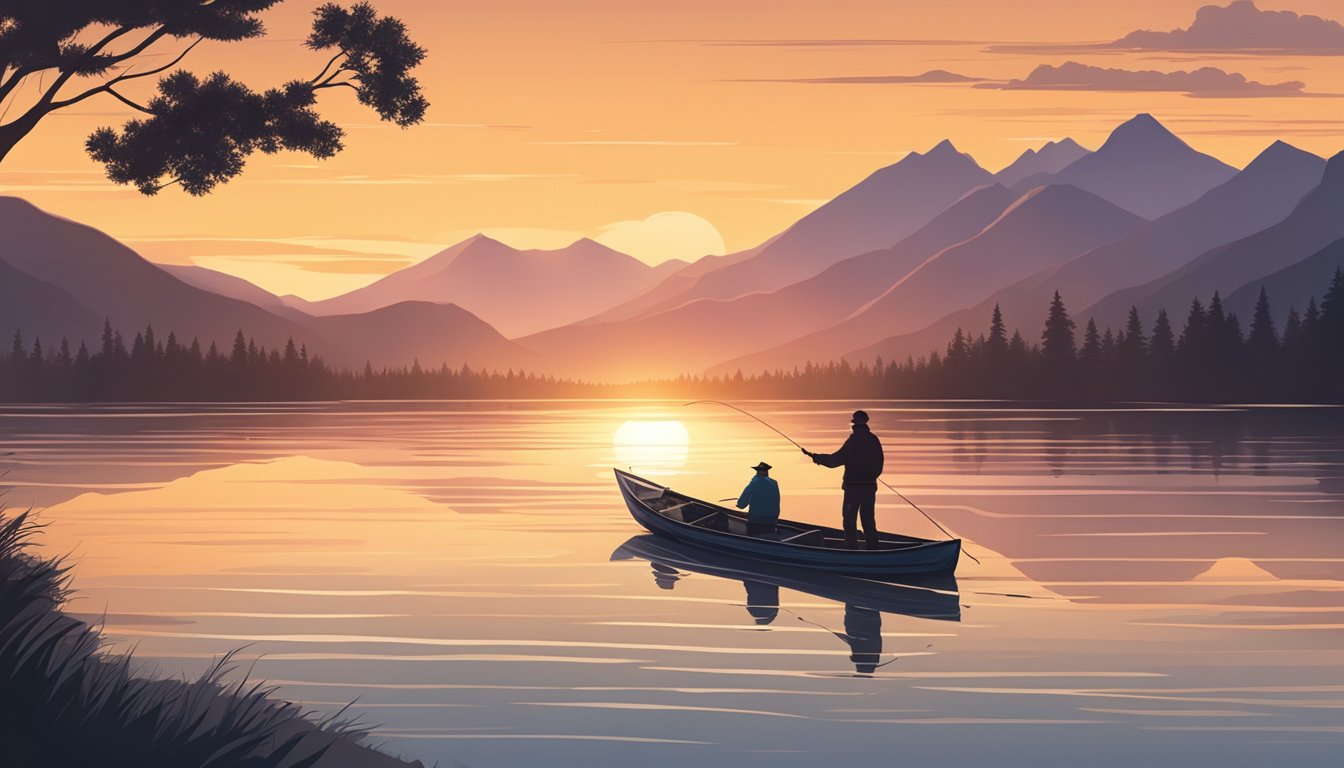 A lone fisherman on a serene lake, casting a line from a small boat as the sun sets behind the mountains