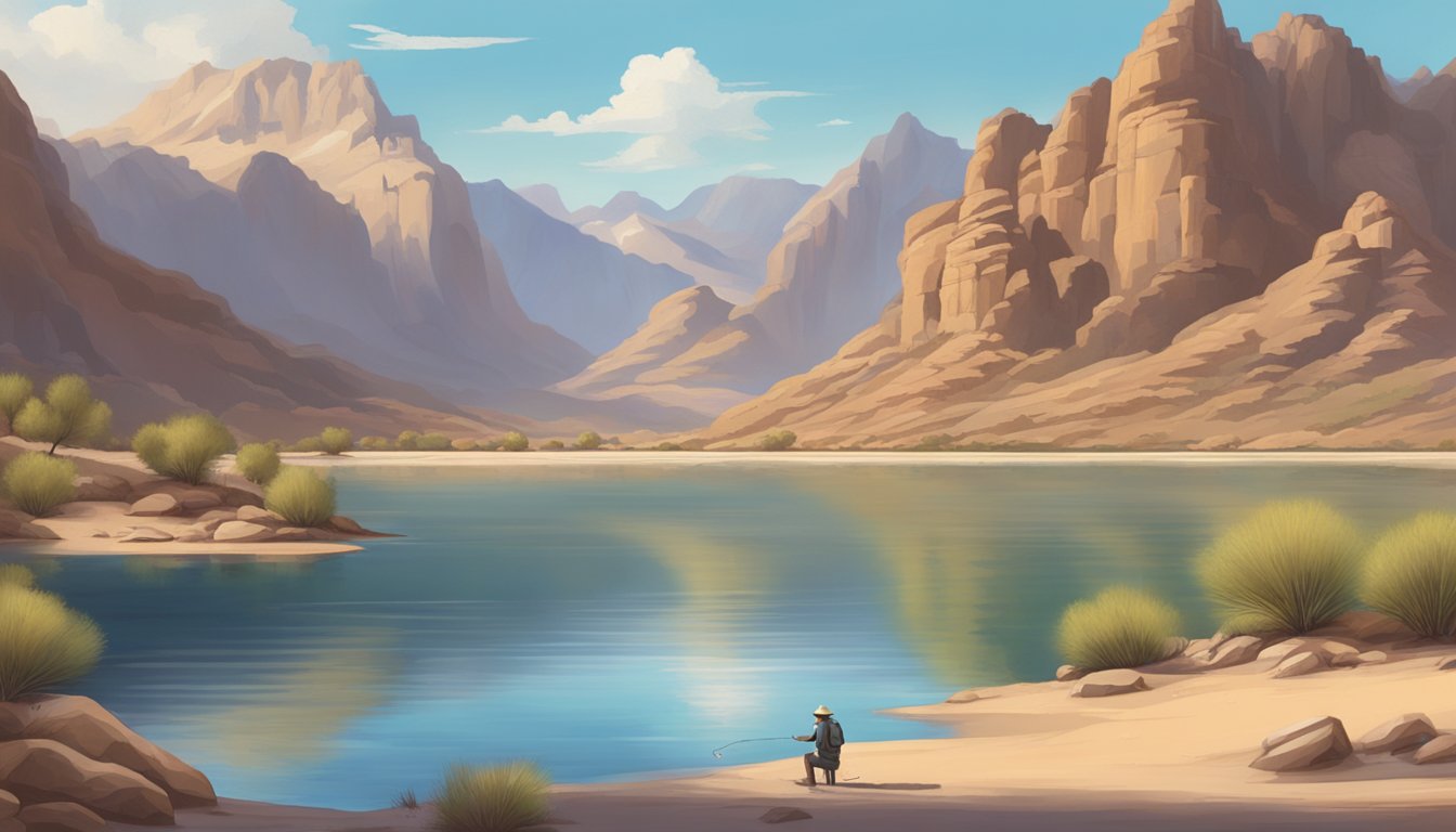 A serene lake surrounded by rugged desert mountains, with a lone fisherman casting his line into the clear water