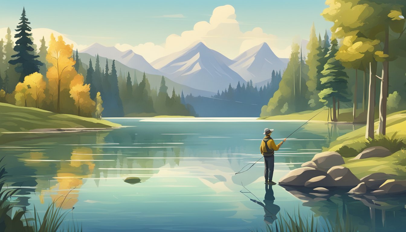 A serene lake with a variety of fish swimming in clear, freshwater. A fisherman stands on the shore, casting his line into the water