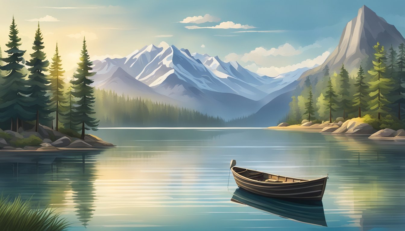 A serene lake with a lone fishing boat, surrounded by mountains and pine trees, with a fish jumping out of the water