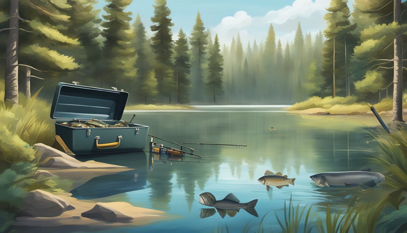 A serene lake surrounded by pine trees, with a fishing rod and tackle box on the shore, and a variety of fish swimming in the clear water