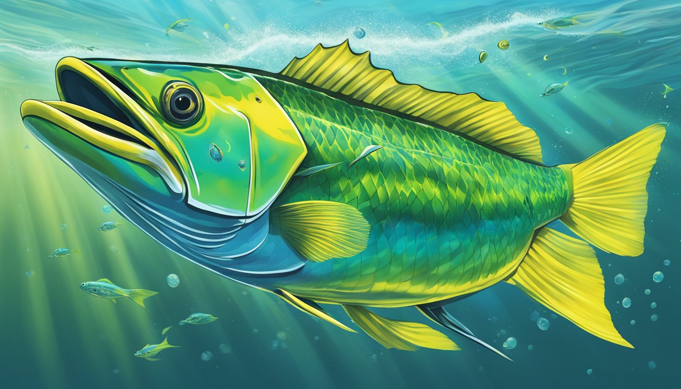 A colorful Mahi Mahi fish leaping out of the crystal-clear waters off the coast of Puerto Rico, with a fishing line trailing behind