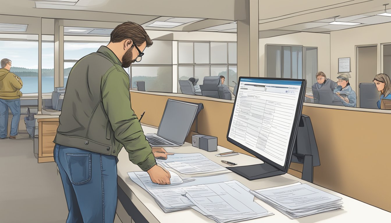 A person filling out a form at a Colorado fishing license office